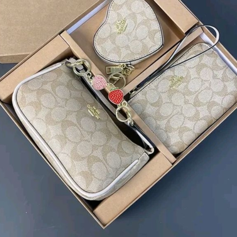Coach Signature Canvas Wristlet Set in Beige and Gold